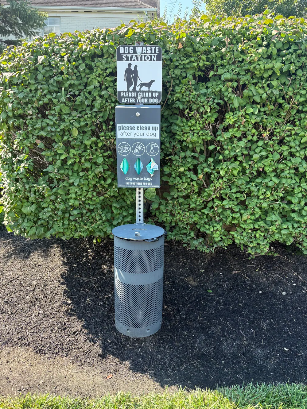 Dog waste station with bags and a disposal bin