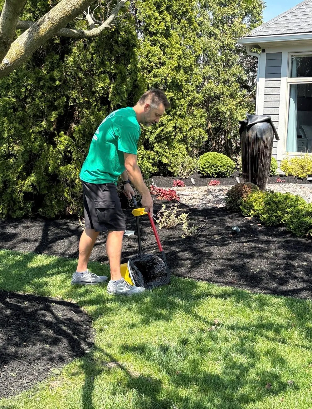 Tidy Tucker team member scooping beside a garden